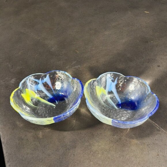 Vintage Aderia Glass Bowl Set 2 Made In Japan Clear Blue Yellow Swirls Ruffled - Picture 6 of 16